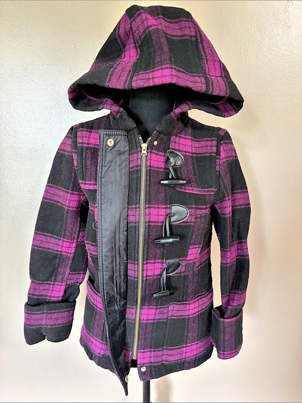 Aeropostale Women's Plaid Hooded Jacket Black Purple Size XS Like New
